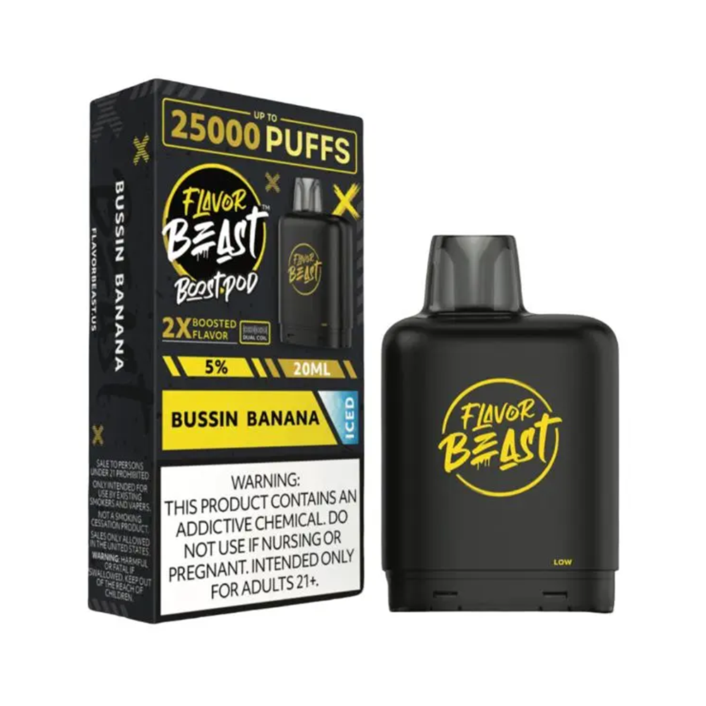 Flavor Beast Level X Boost Pods 1pc | 25000 Puffs 20mL 50mg - Bussin Banana Iced with packaging