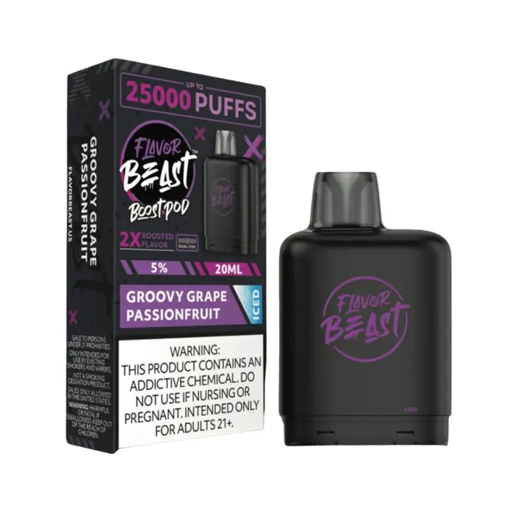 Flavor Beast Level X Boost Pods 1pc | 25000 Puffs 20mL 50mg - Groovy Grape Passionfruit Iced with packaging