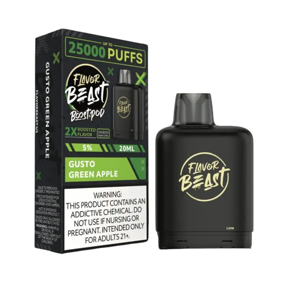 Flavor Beast Level X Boost Pods 1pc | 25000 Puffs 20mL 50mg- Gusto Green Apple with packaging