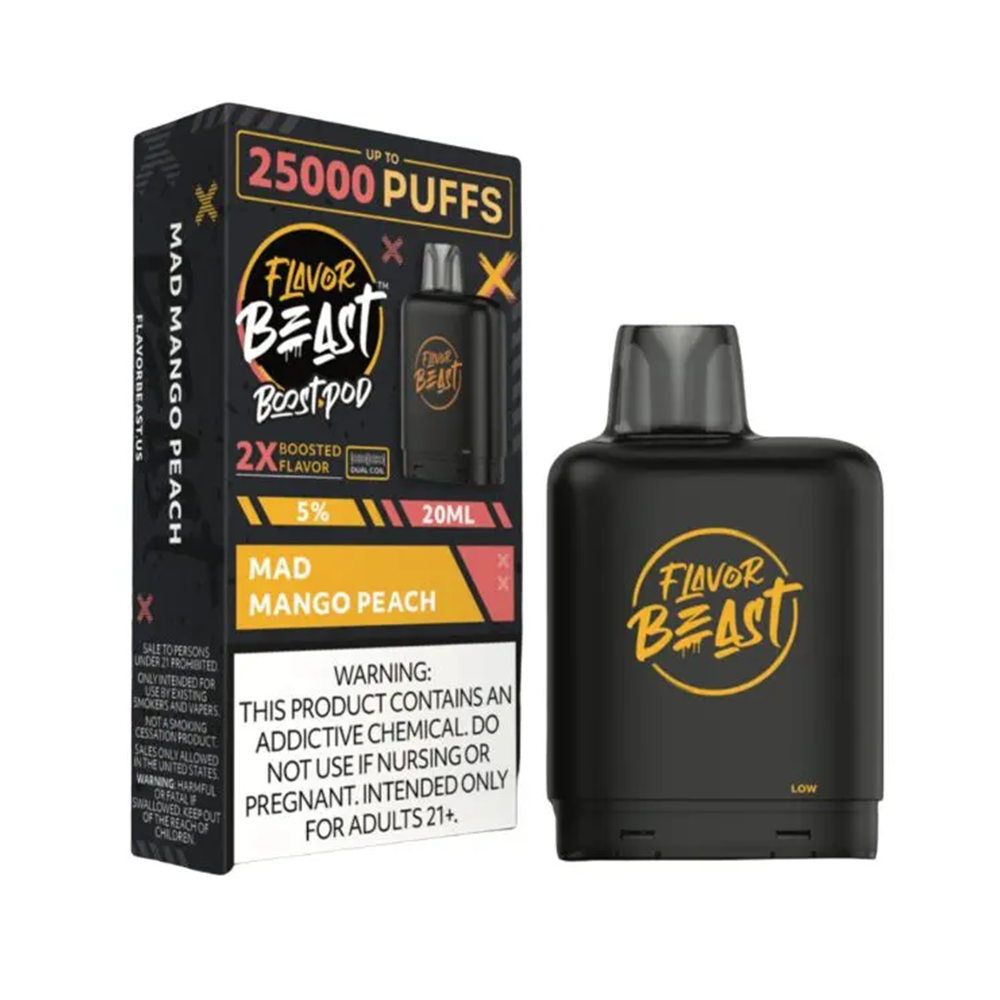 Flavor Beast Level X Boost Pods 1pc | 25000 Puffs 20mL 50mg - Mad Mango Peach with packaging