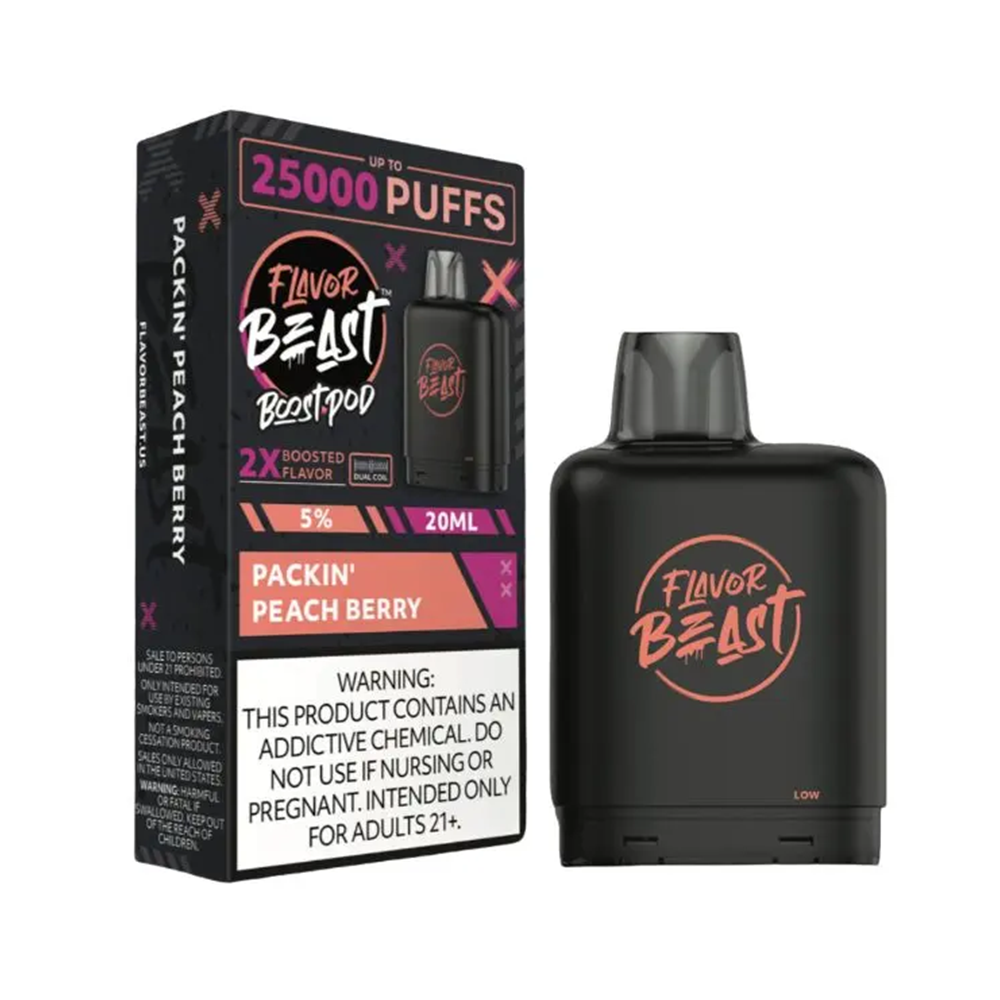 Flavor Beast Level X Boost Pods 1pc | 25000 Puffs 20mL 50mg - Packin' Peach Berry wth packaging