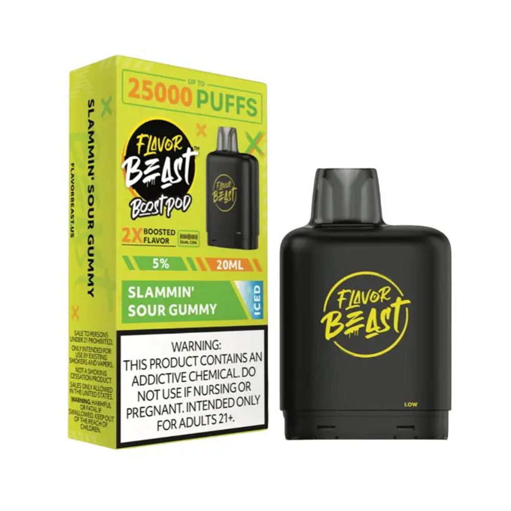 Flavor Beast Level X Boost Pods 1pc | 25000 Puffs 20mL 50mg - Slammin' Sour Gummy Iced with packaging