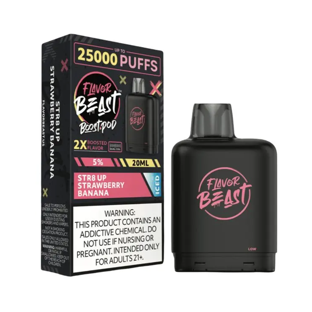 Flavor Beast Level X Boost Pods 1pc | 25000 Puffs 20mL 50mg - Str8 Up Strawberry Banana Iced with packaging