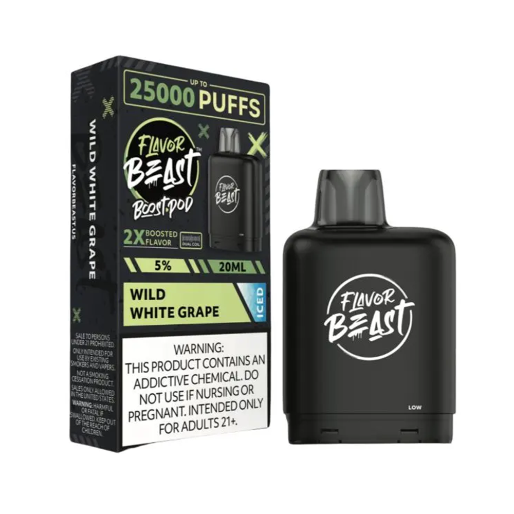 Flavor Beast Level X Boost Pods 1pc | 25000 Puffs 20mL 50mg - Wild White Grape Iced with packaging