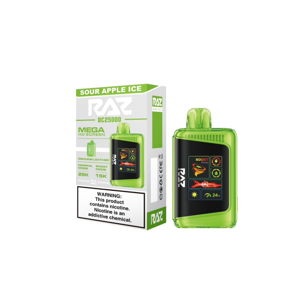 RAZ DC25000 Disposable | 25000 Puffs | 16mL | 50mg | MOQ 5 | Sour Apple  Ice with Packaging