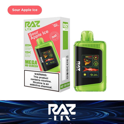 RAZ LTX Disposable | 25000 Puffs | 16mL | 50mg | MOQ 5 | Sour Apple Ice with packaging