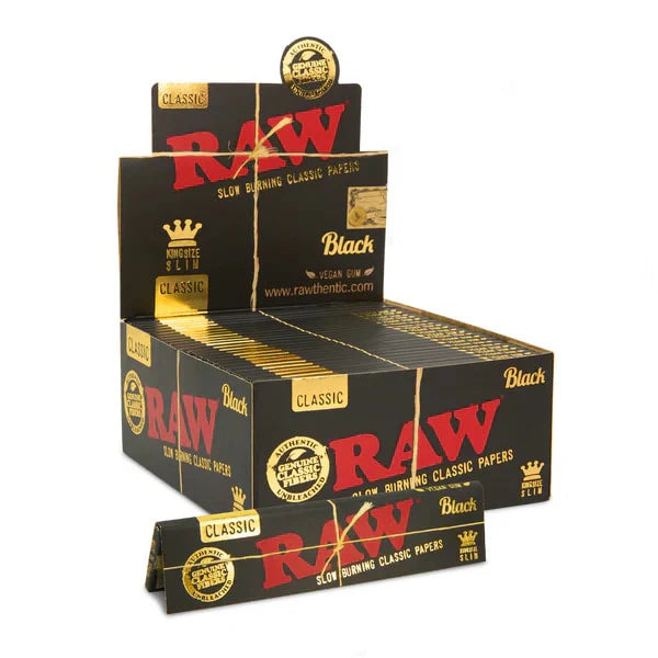 Raw* (DSPLY 50pc)(Wraps)(32-Pack) Rolling Papers | Black Classic King Size Slim with Packaging