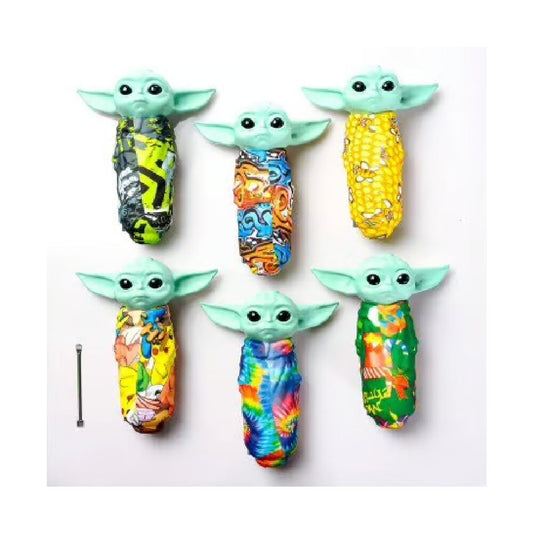 Non branded (Hand Pipe)(5-Pack) SHP13 Baby Yoda Design Silicone Hand Pipe (SAS) - Assorted Colors (SAS)