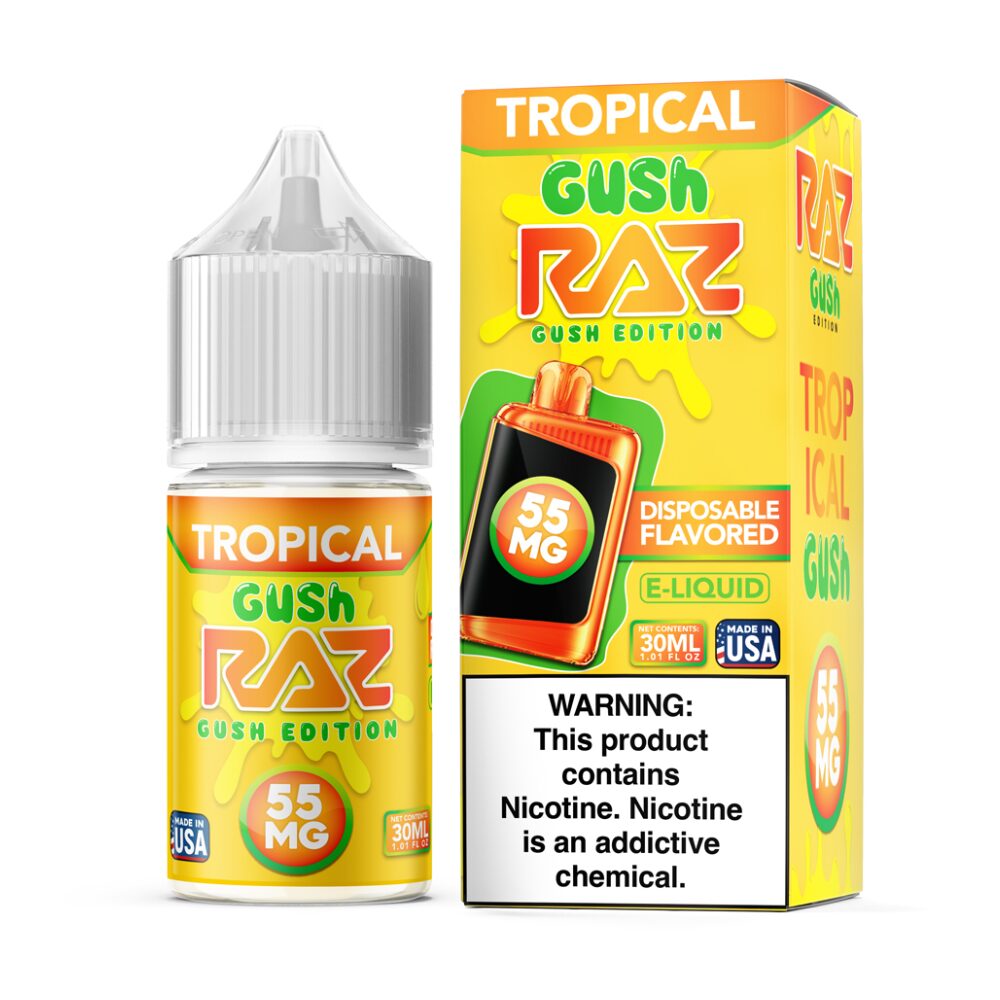 Pod Juice plus RAZ Disposables Collab Salt E-Liquid 30mL – Salt Nic - Tropical Gush with packaging
