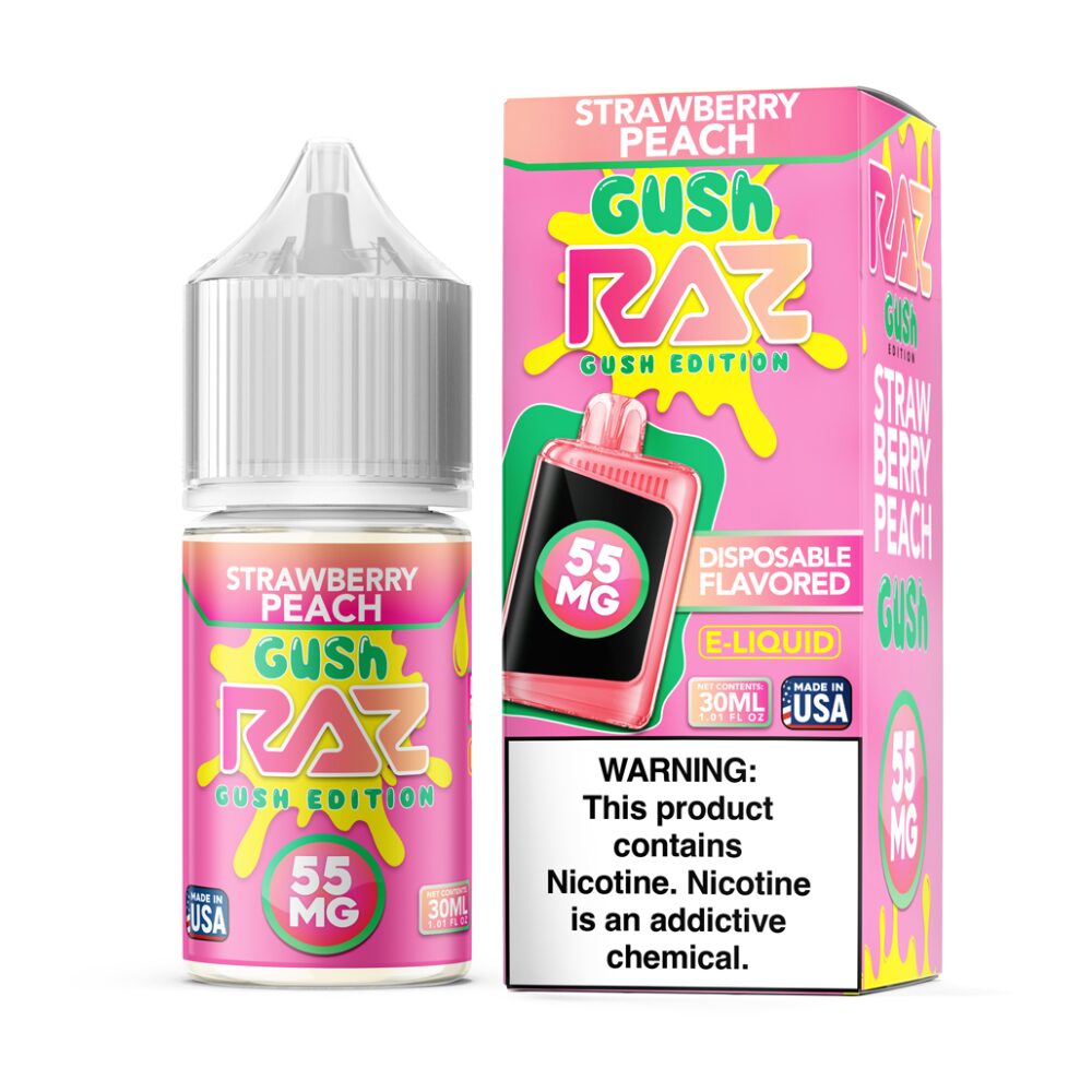 Pod Juice plus RAZ Disposables Collab Salt E-Liquid 30mL – Salt Nic - Strawberry Peach Gush with packaging