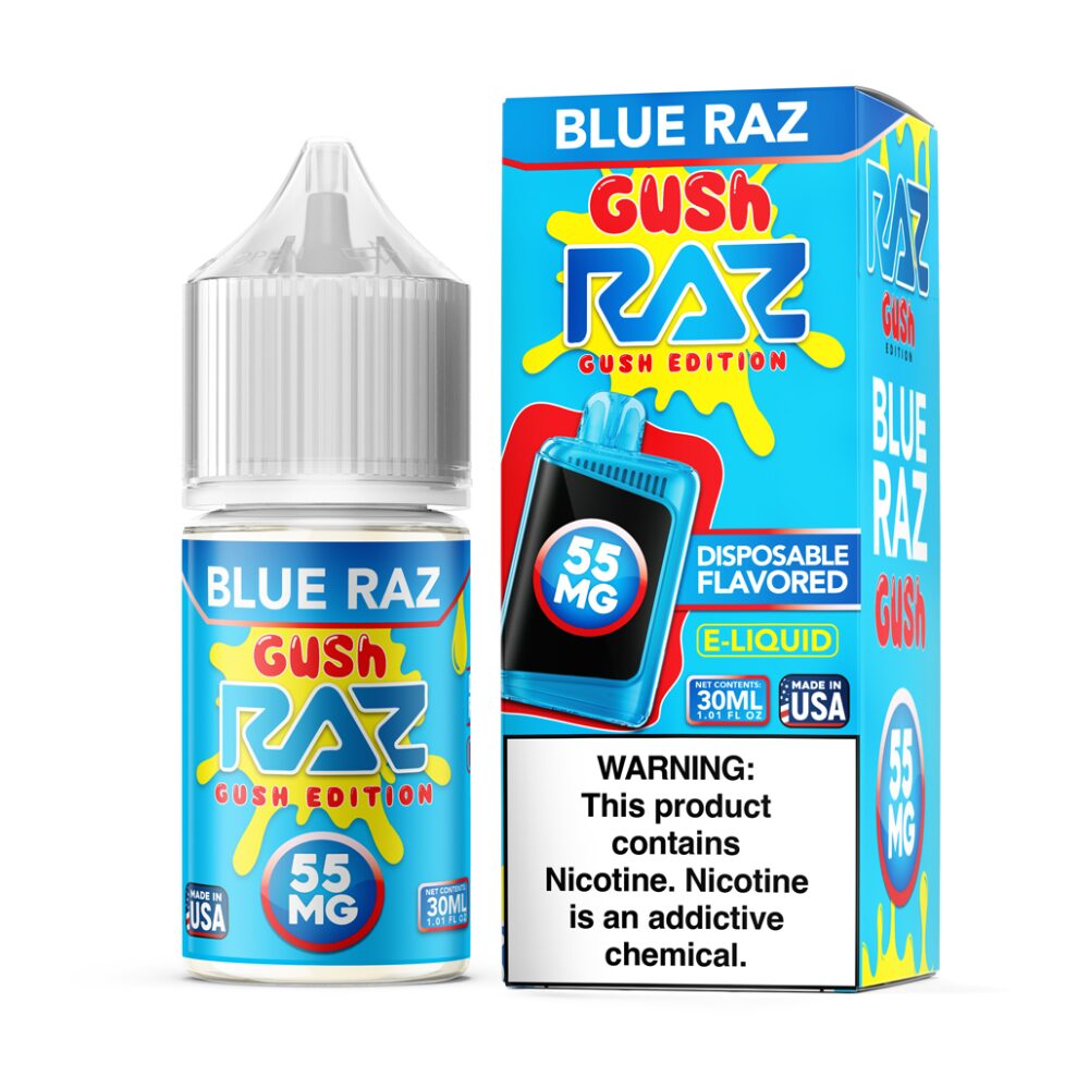 Pod Juice plus RAZ Disposables Collab Salt E-Liquid 30mL – Salt Nic - Blue Razz Gush with packaging