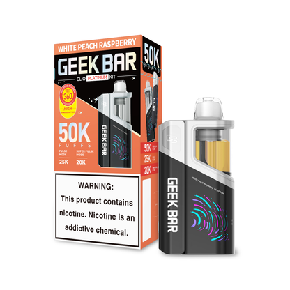 Geek Bar Clio Platinum (Dispo KIT)(50000Puff)(16mL) Dispo + Power Dock - White Peach Raspberry with Packaging.