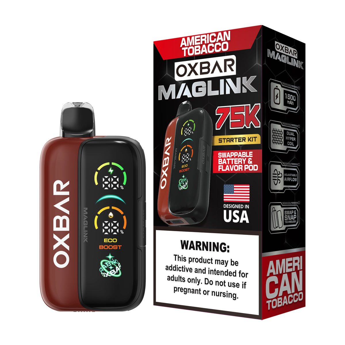 Oxbar Maglink Starter Kit (Dispo) (75000Puff)(30mL) Nixodine-American Tobacco with packaging