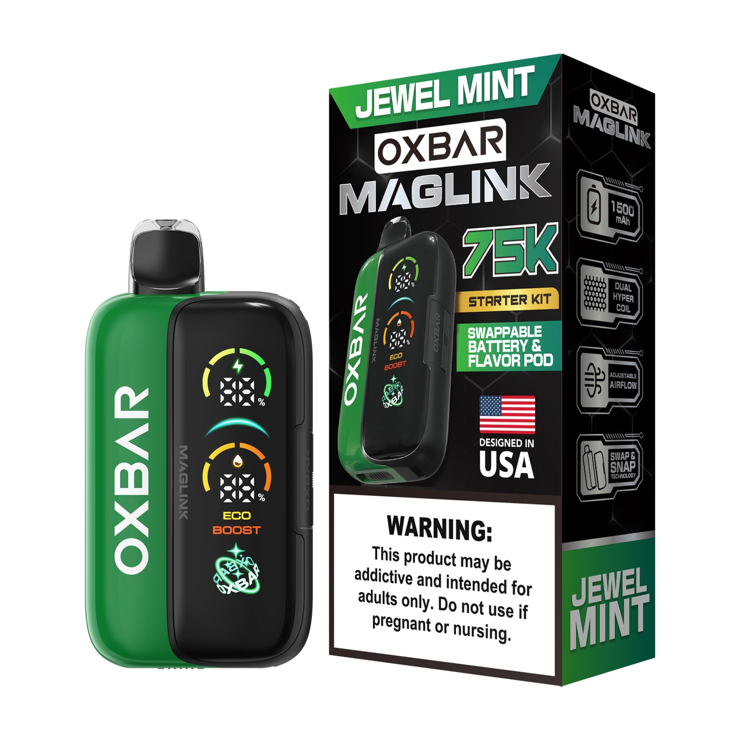 Oxbar Maglink Starter Kit (Dispo) (75000Puff)(30mL) Nixodine-Jewel Mint with packaging