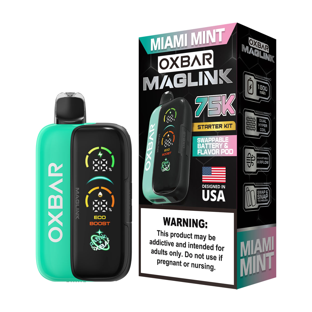 Oxbar Maglink Starter Kit (Dispo) (75000Puff)(30mL) Nixodine-Miami Mint with packaging