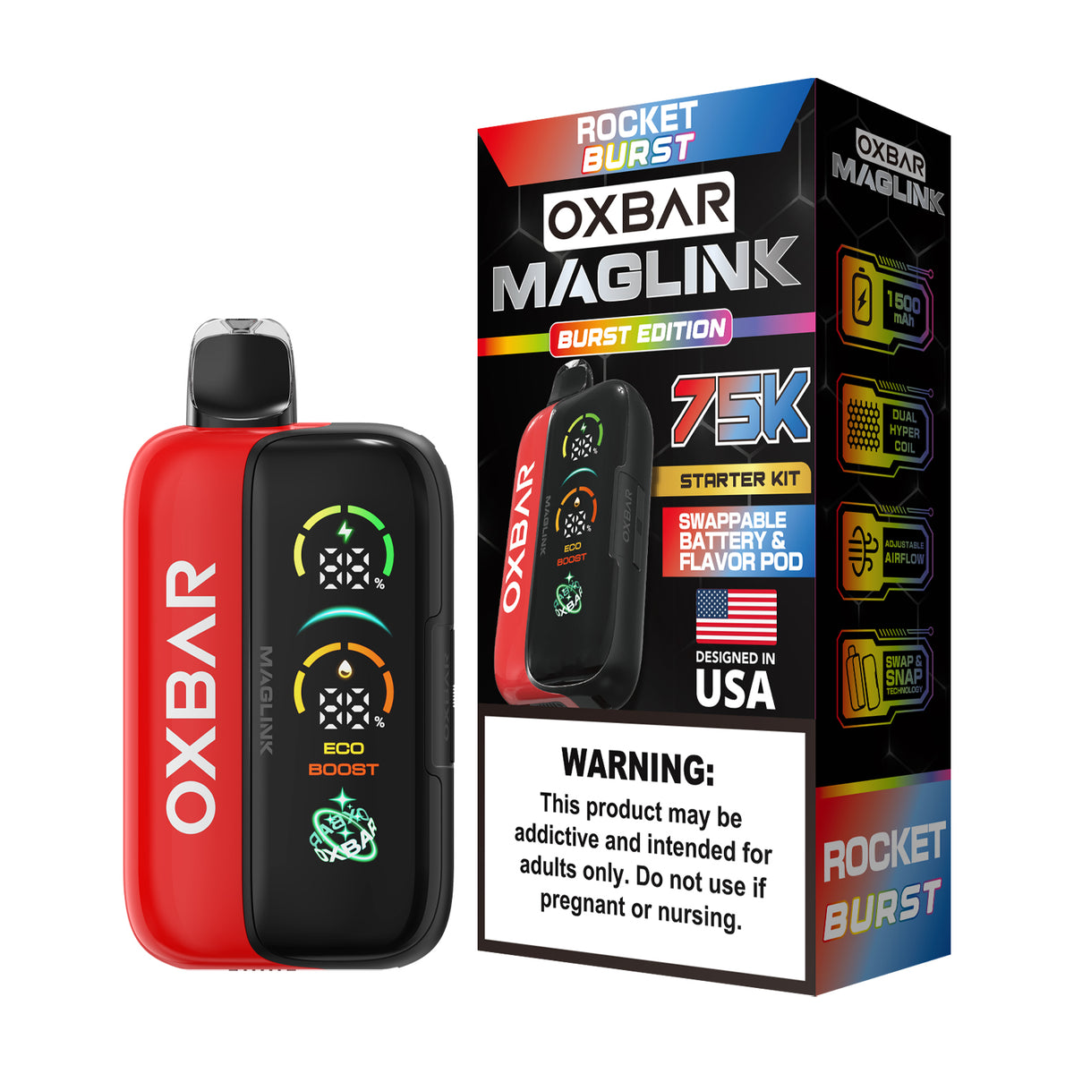 Oxbar Maglink Starter Kit (Dispo) (75000Puff)(30mL) Nixodine-Rocket Burst with packaging