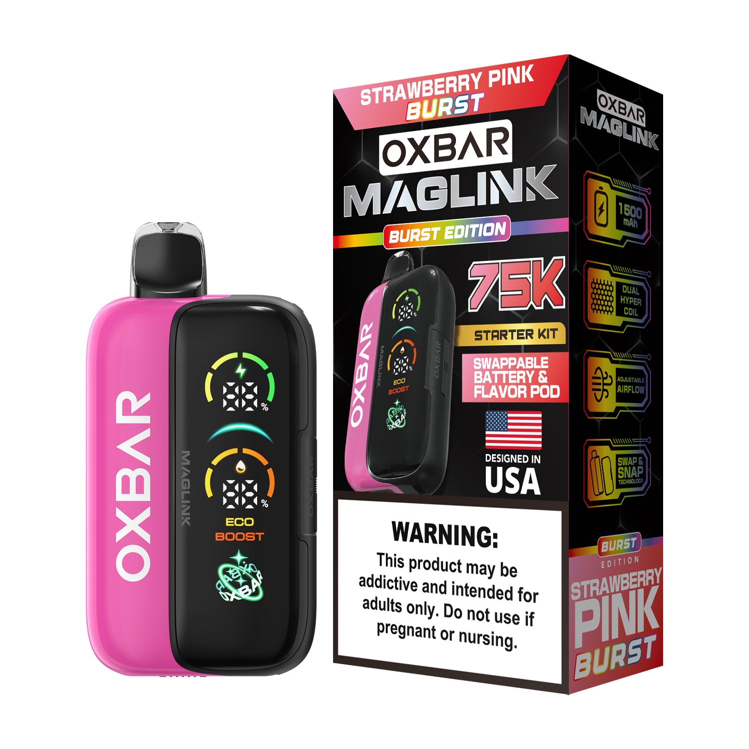 Oxbar Maglink Starter Kit (Dispo) (75000Puff)(30mL) Nixodine-Strawberry Pink Burst with packaging