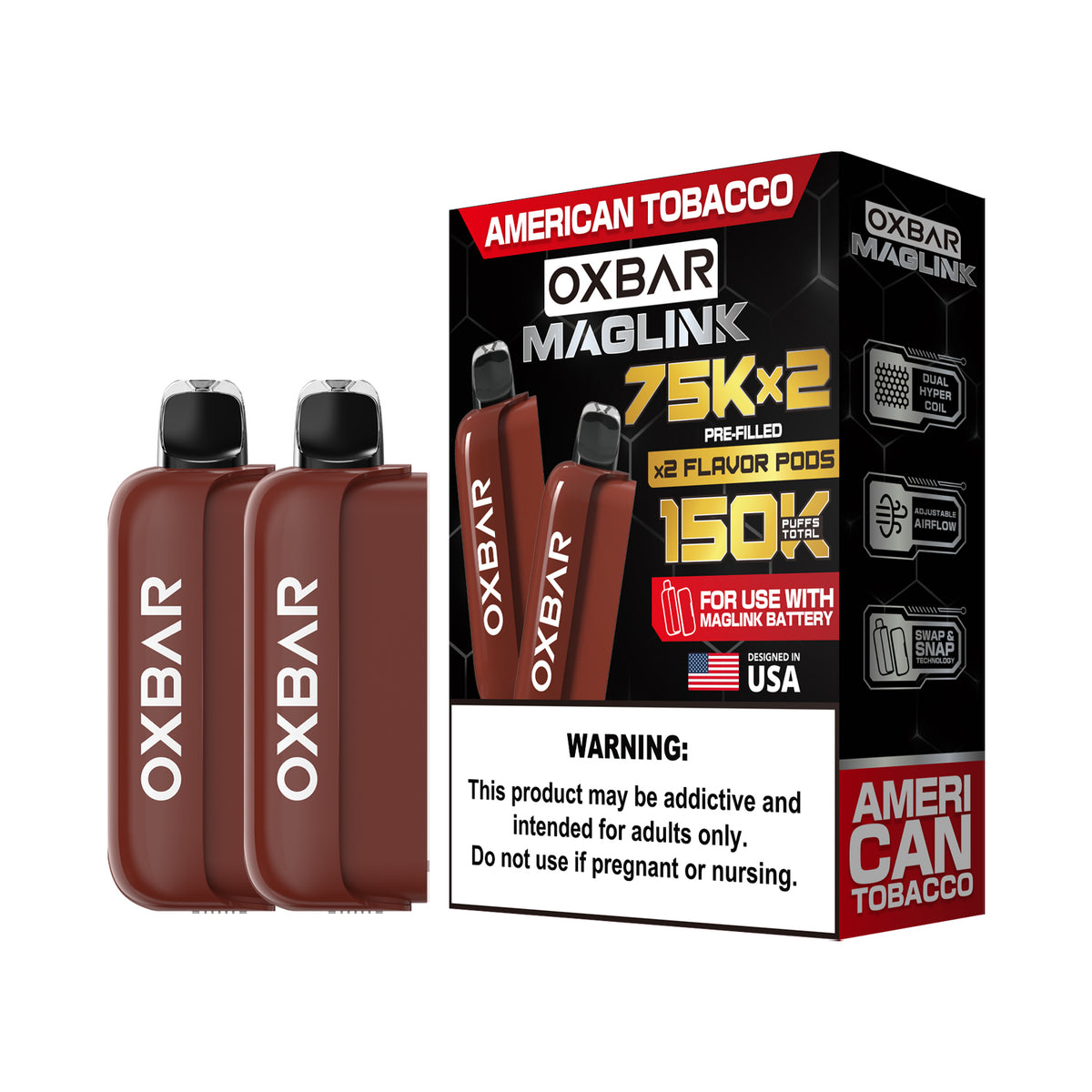Oxbar Maglink Pods (Liq Pod) (75000)(30mL) Nixodine (2-Pack)- American Tobacco with packaging
