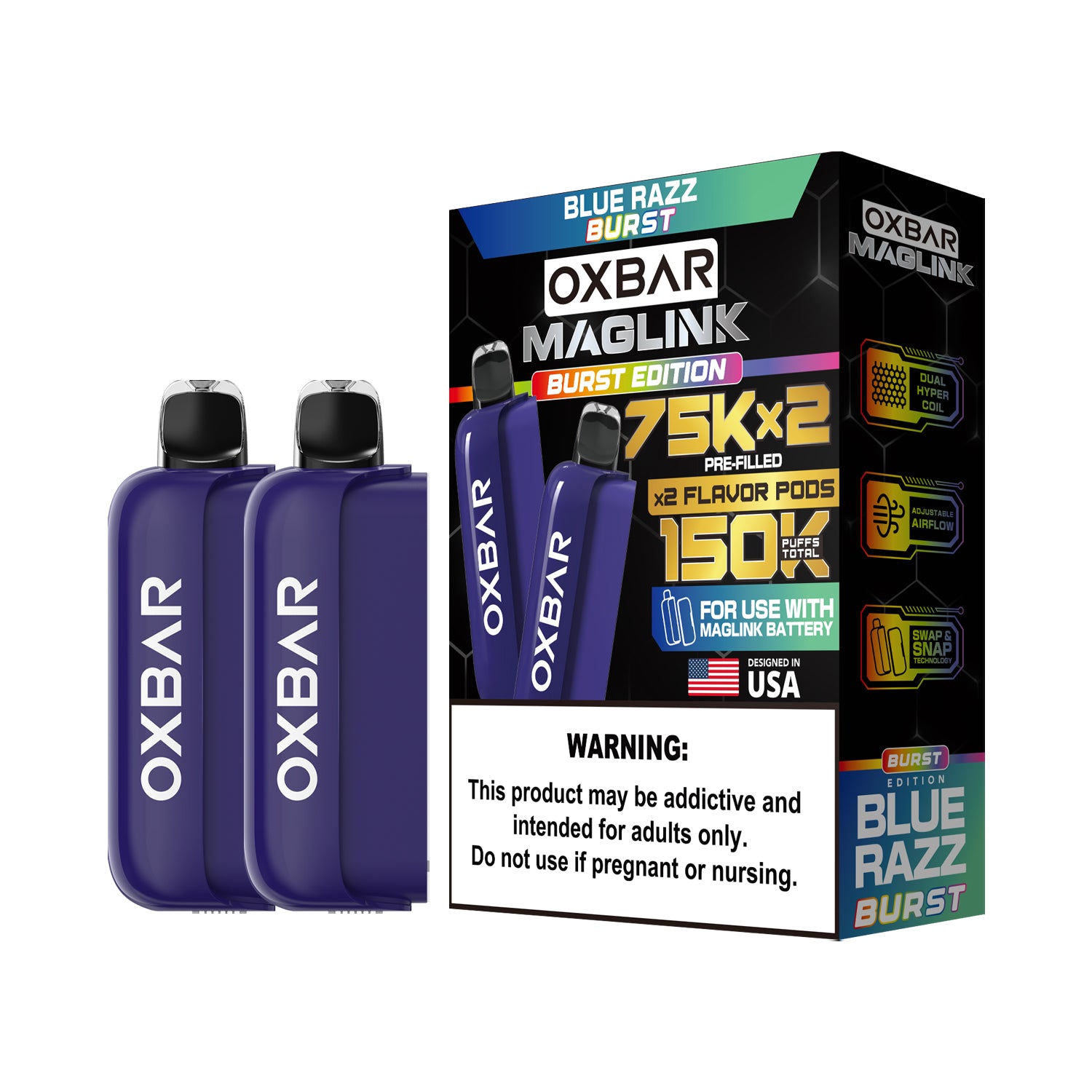 Oxbar Maglink Pods (Liq Pod) (75000)(30mL) Nixodine (2-Pack)- Blue Razz Burst with packaging
