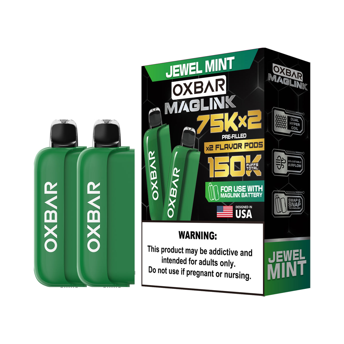 Oxbar Maglink Pods (Liq Pod) (75000)(30mL) Nixodine (2-Pack)- Jewel Mint with packaging

