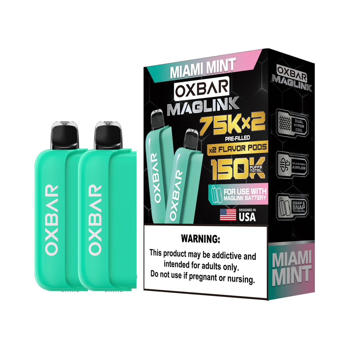 Oxbar Maglink Pods (Liq Pod) (75000)(30mL) Nixodine (2-Pack)- Miami Mint with packaging
