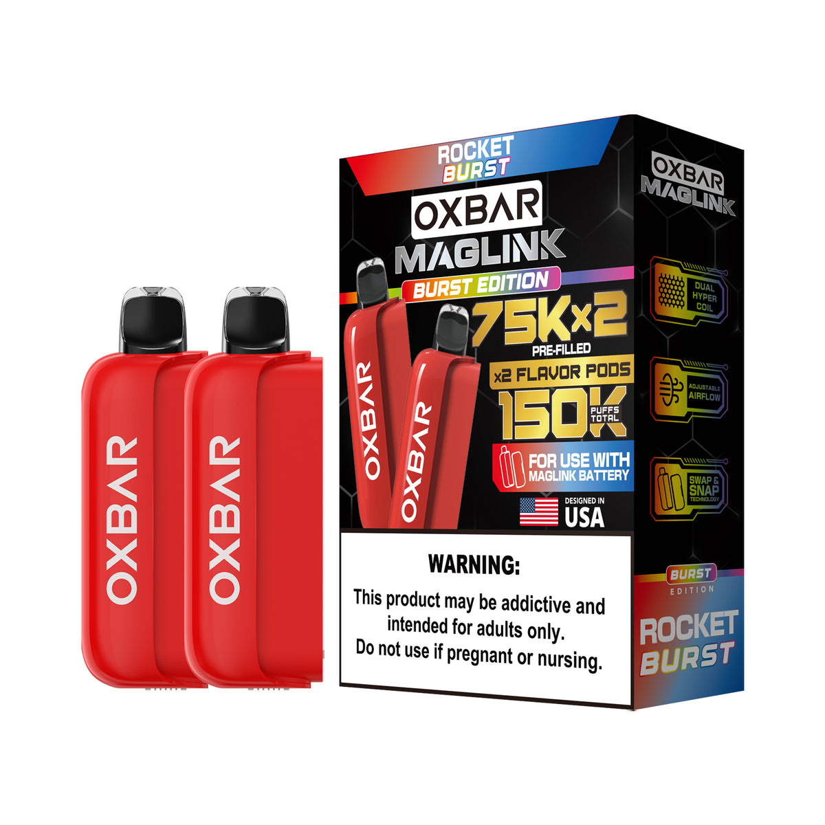Oxbar Maglink Pods (Liq Pod) (75000)(30mL) Nixodine (2-Pack)- Rocket Burst with packaging
