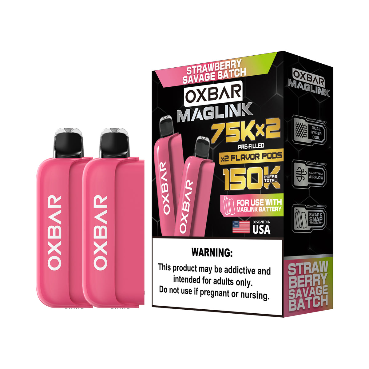 Oxbar Maglink Pods (Liq Pod) (75000)(30mL) Nixodine (2-Pack)- Strawberry Pink Burst with packaging
