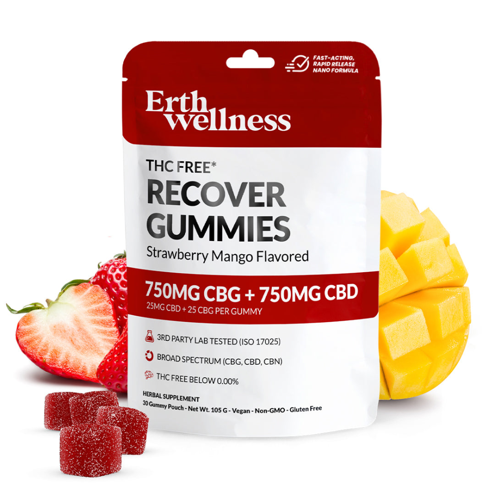 ERTH Gummies – 30ct Jar - Strawberry Mango Gummies Recover Broad Spectrum CBD (750mg + 750mg 30ct Pouch)(THC Free)