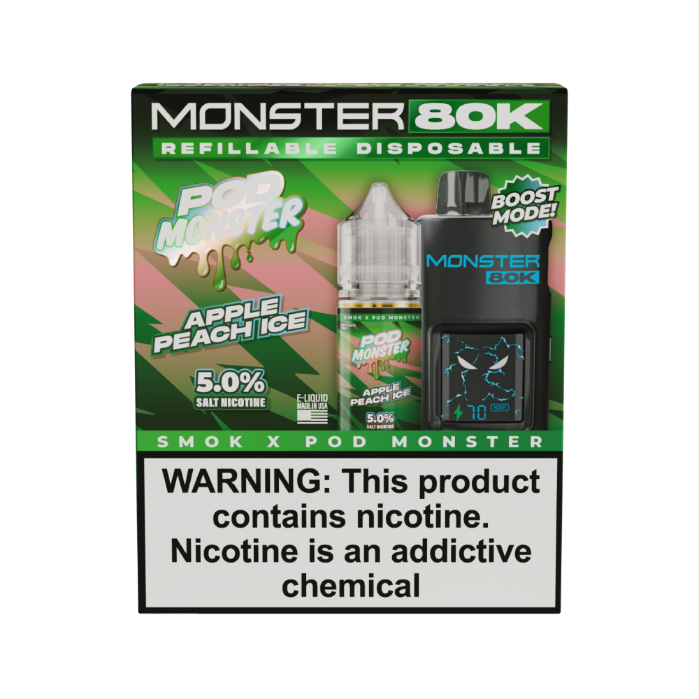 SMOK (Collab Bundle) Monster 80K (Kit PS) + POD Monster (LIQ Salt)(30mL) - Color: Black - Flavor: Apple Peach Ice