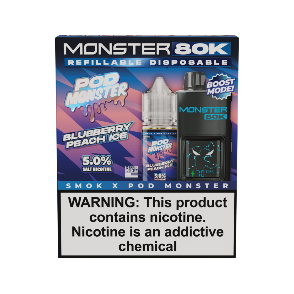SMOK (Collab Bundle) Monster 80K (Kit PS) + POD Monster (LIQ Salt)(30mL) - Color: Black - Flavor: Blueberry Peach Ice
