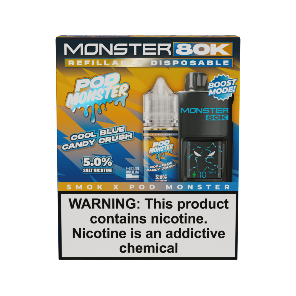 SMOK (Collab Bundle) Monster 80K (Kit PS) + POD Monster (LIQ Salt)(30mL) - Color: Black - Flavor: Cool Blue Candy Crush