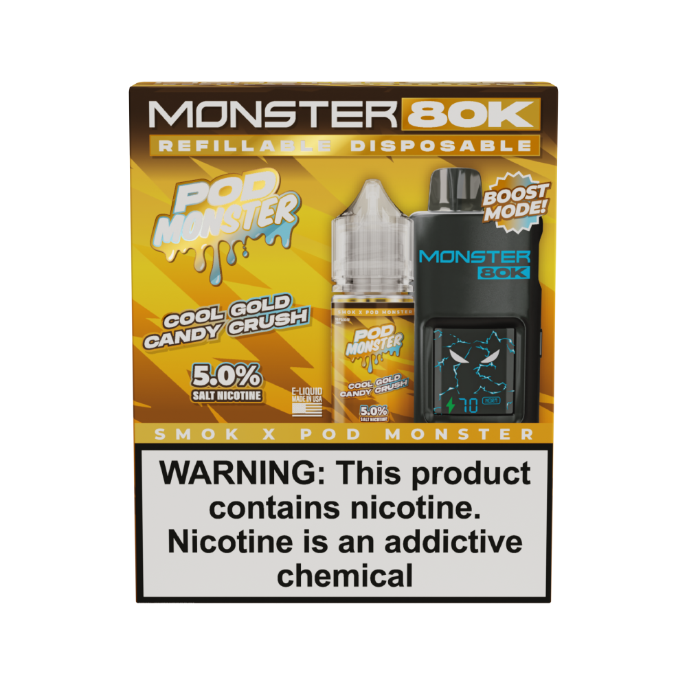 SMOK (Collab Bundle) Monster 80K (Kit PS) + POD Monster (LIQ Salt)(30mL) - Color: Black - Flavor: Cool Gold Candy Crush