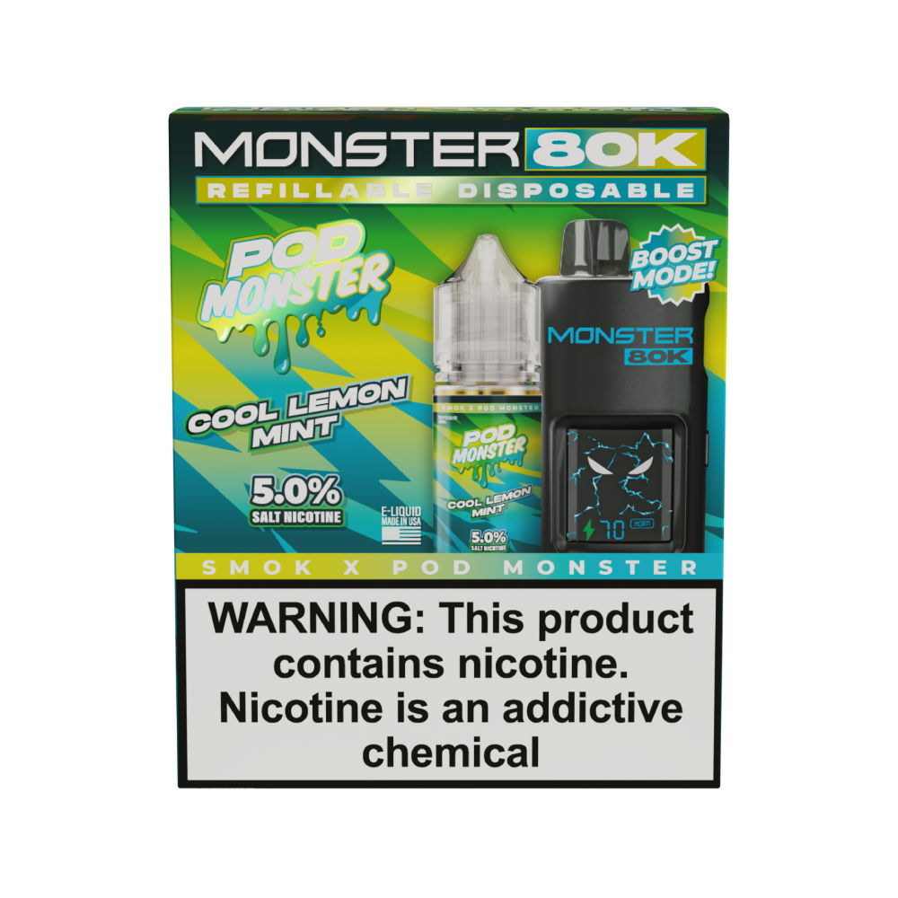 SMOK (Collab Bundle) Monster 80K (Kit PS) + POD Monster (LIQ Salt)(30mL) - Color: Black - Flavor: Cool Lemon Mint