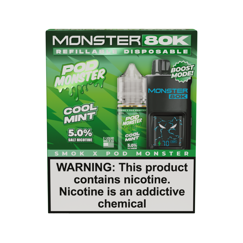 SMOK (Collab Bundle) Monster 80K (Kit PS) + POD Monster (LIQ Salt)(30mL) - Color: Black - Flavor: Cool Mint