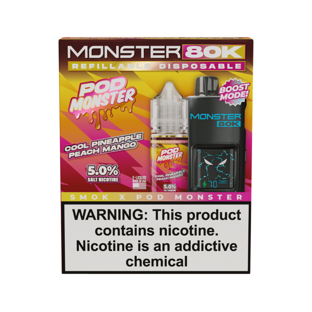 SMOK (Collab Bundle) Monster 80K (Kit PS) + POD Monster (LIQ Salt)(30mL) - Color: Black - Flavor: Cool Pineapple Peach Mango