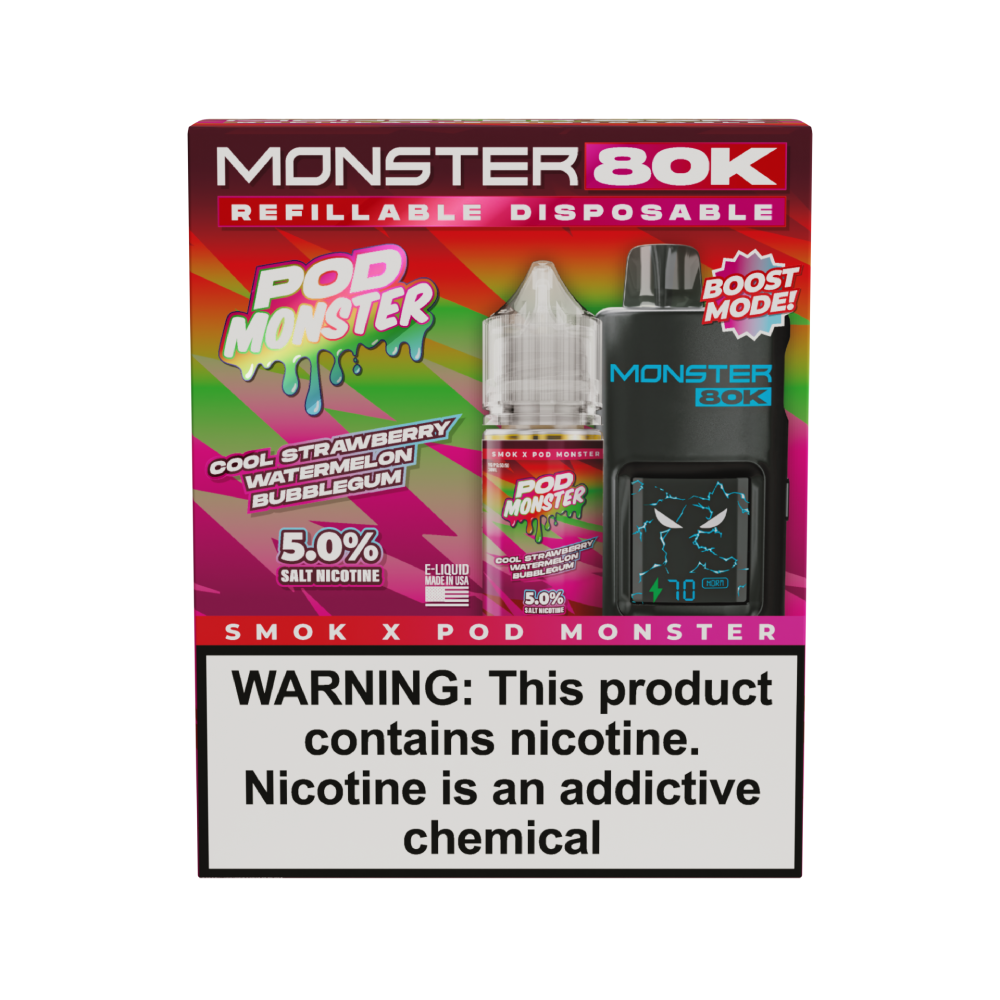 SMOK (Collab Bundle) Monster 80K (Kit PS) + POD Monster (LIQ Salt)(30mL) - Color: Black - Flavor: Cool Strawberry Watermelon Bubblegum