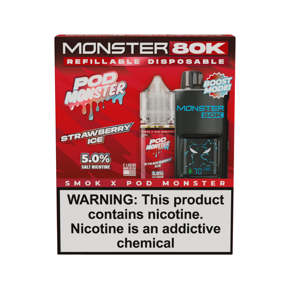 SMOK (Collab Bundle) Monster 80K (Kit PS) + POD Monster (LIQ Salt)(30mL) - Color: Black - Flavor: Strawberry Ice