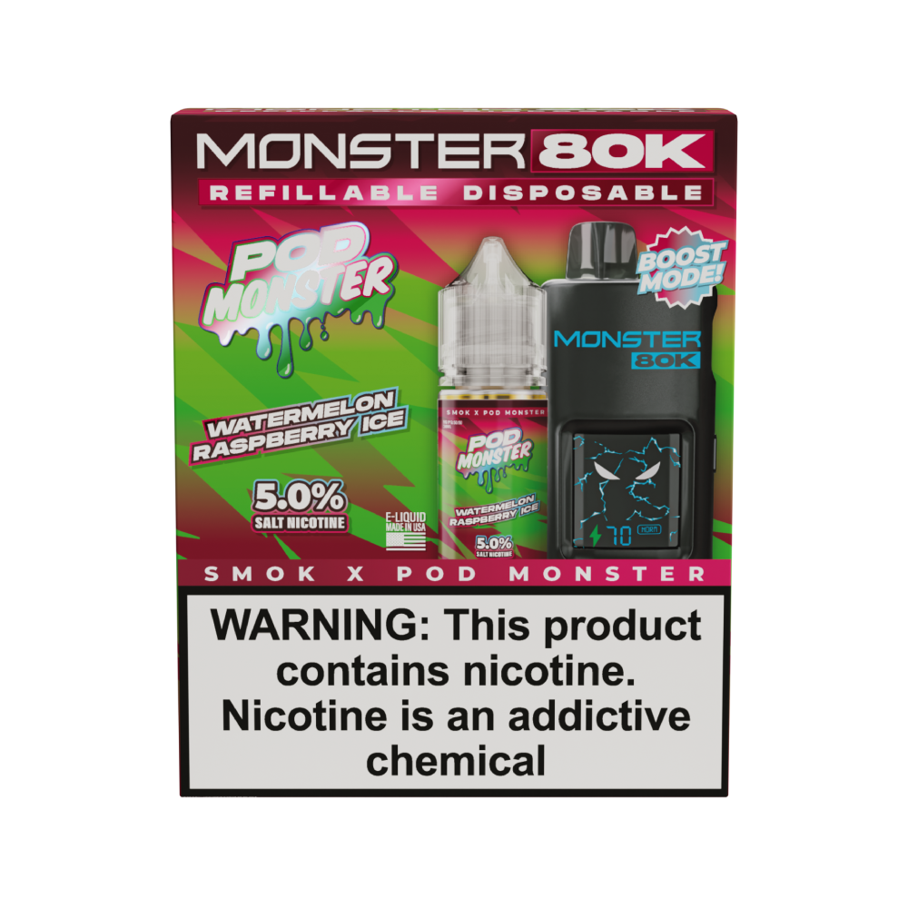 SMOK (Collab Bundle) Monster 80K (Kit PS) + POD Monster (LIQ Salt)(30mL) - Color: Black - Flavor: Watermelon Raspberry Ice