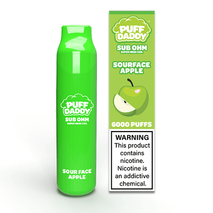 Puff Daddy Disposable 6000 Puffs 14mL 50mg | MOQ 10 |  Sourface Apple with Packaging