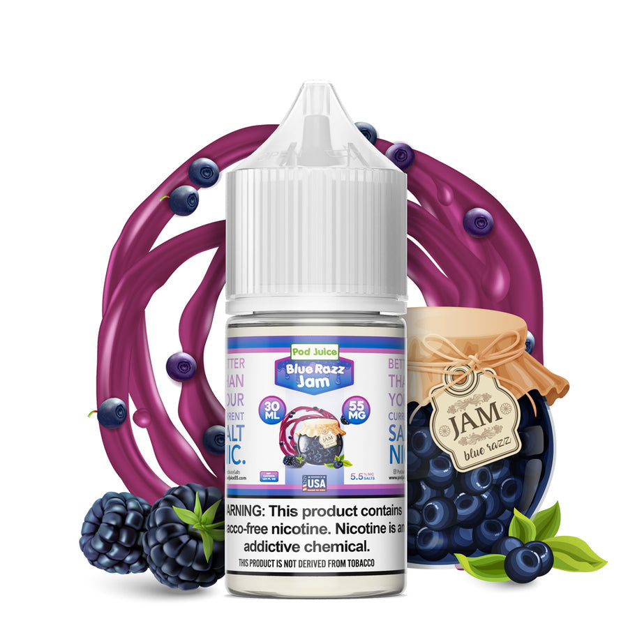 Pod Juice Salt Series E-Liquid | 30mL | 55mg | Blue Razz Jam bottle