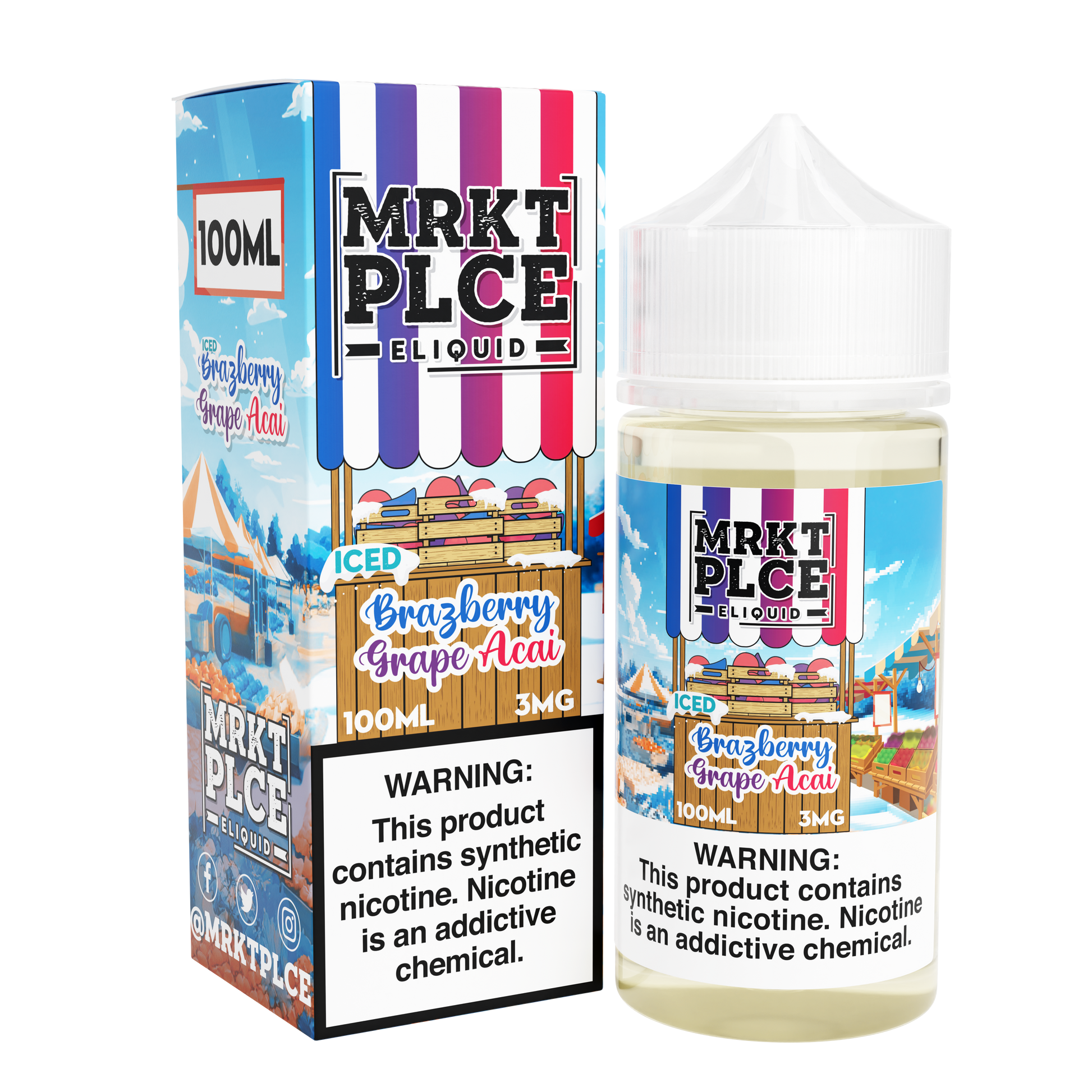 MRKT PLCE Series E-Liquid 100mL (Freebase) | Iced Brazberry Grape Acai  with packaging 