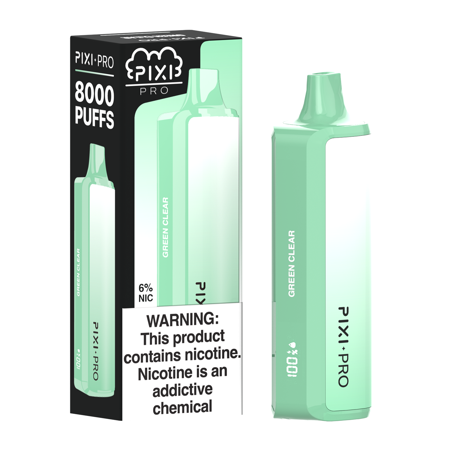 Pixi Pro Disposable | 8000 puffs | 14mL | 60Mg | MOQ 10pc | Green Clear with packaging
