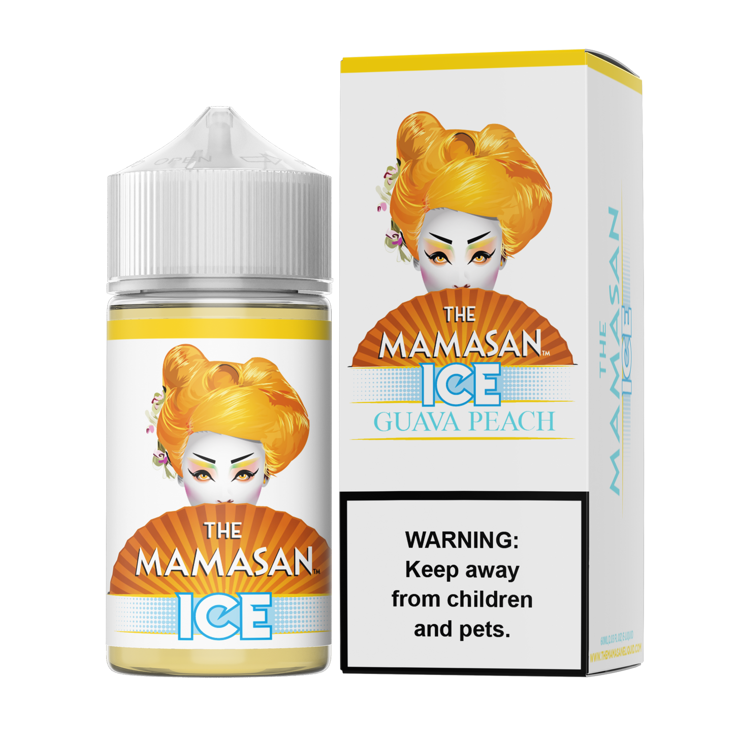 The Mamasan Series E-Liquid 60mL Guava Peach ice with packaging