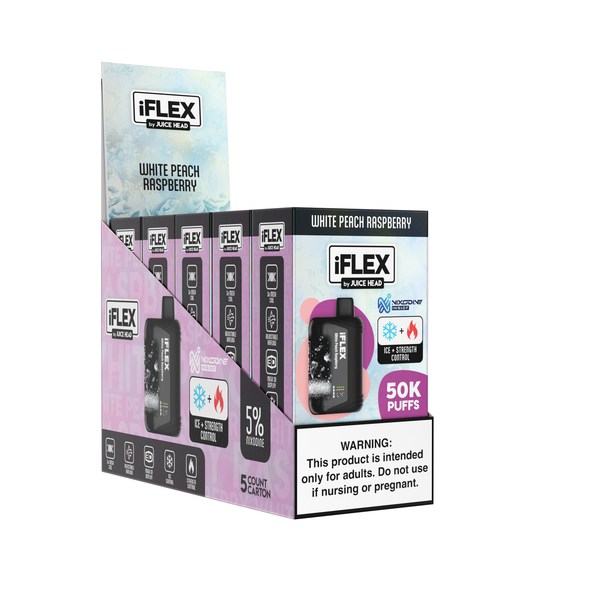 Juice Head iFlex Nixodine Disposable - White Peach Raspberry with packaging