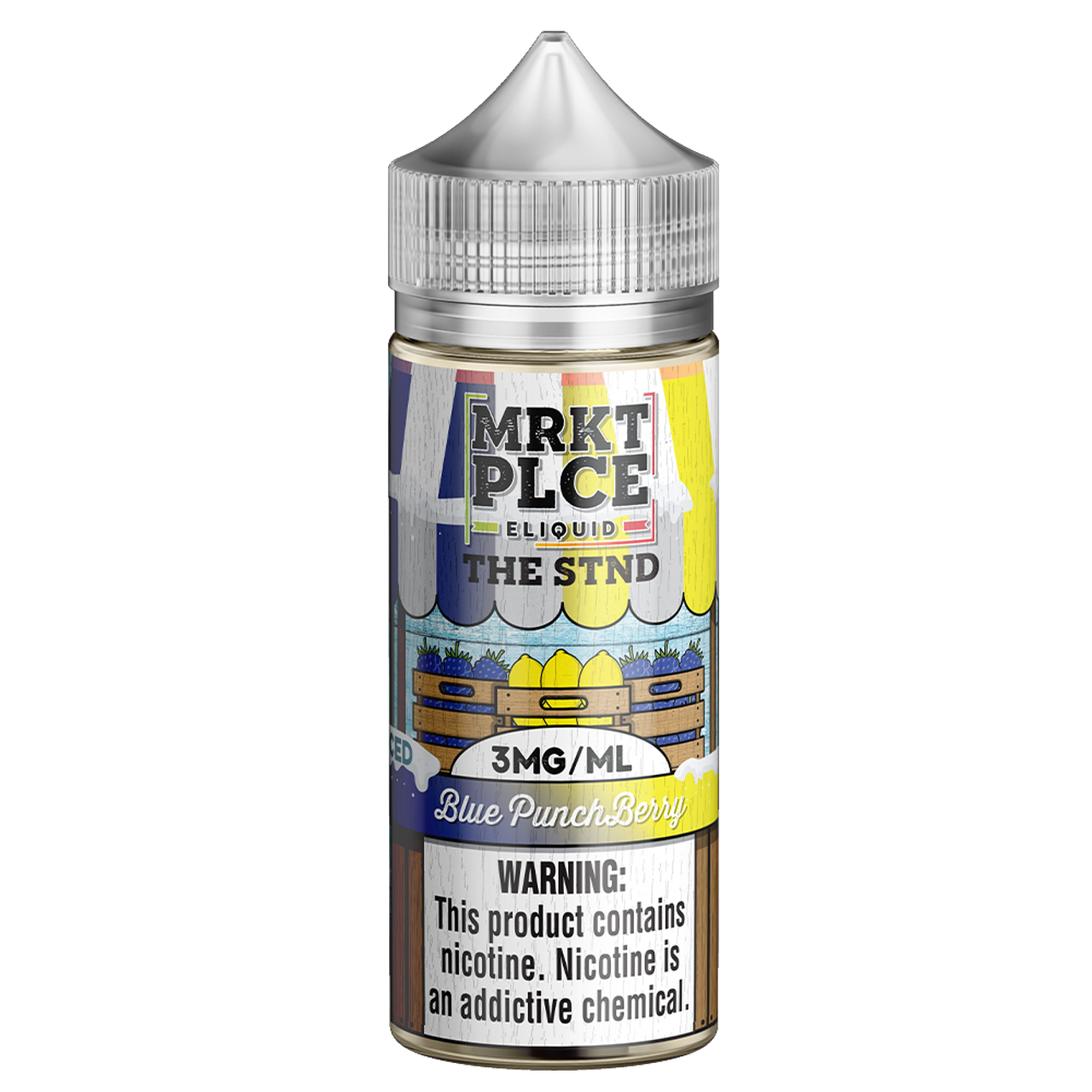 MRKT PLCE Series E-Liquid 100mL (Freebase) | Iced Blue Punch Berry with packaging 