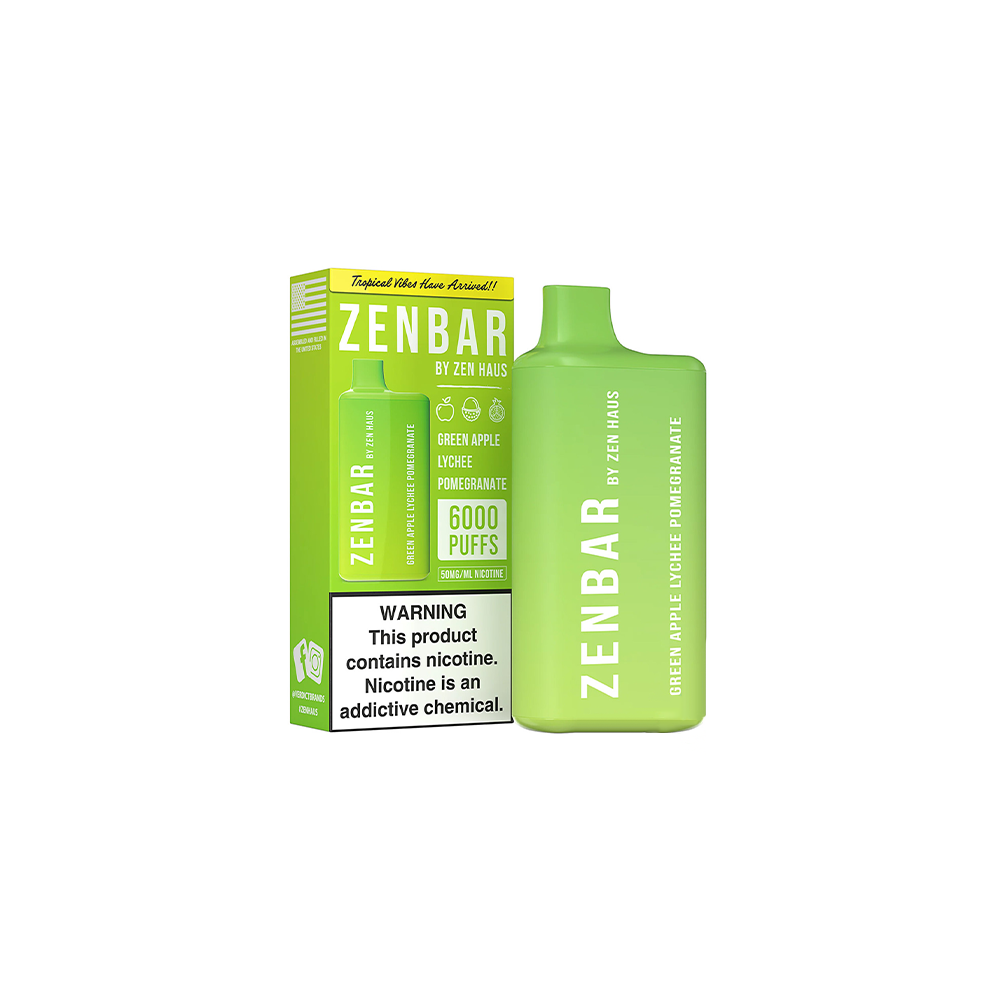 Zen Bar Disposable 6000 Puffs 13mL 50mg | MOQ 10 Green Apple Lychee Pomegranate with Packaging