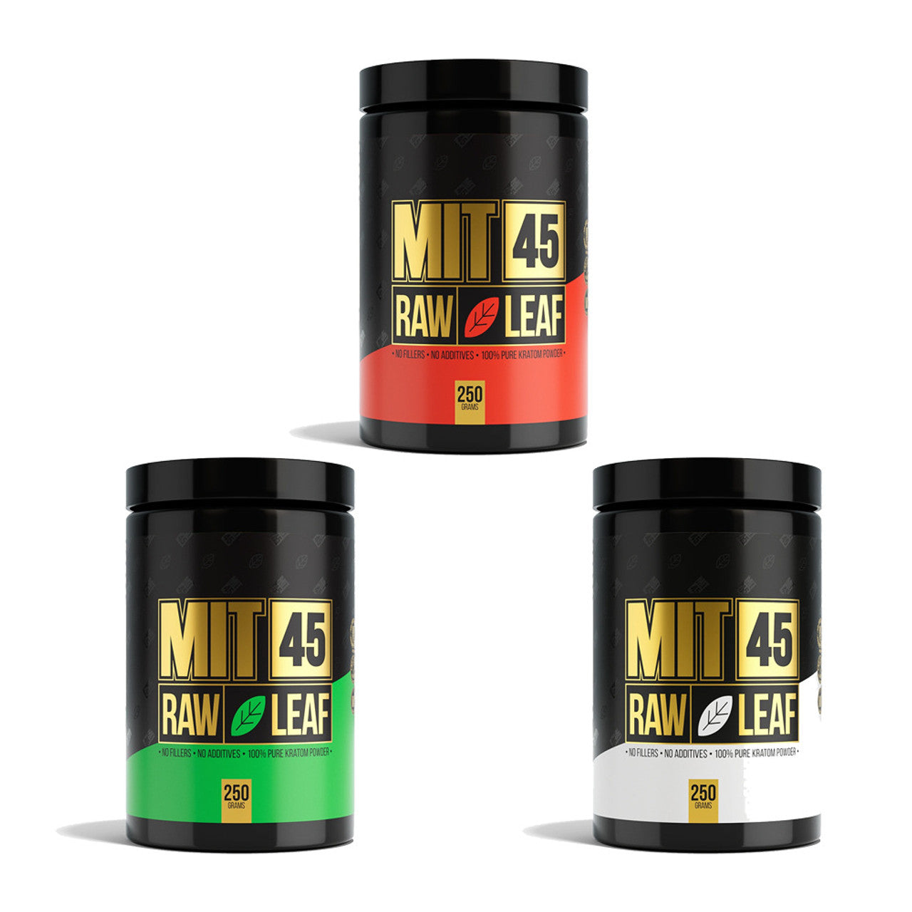 MIT45 Raw Leaf Kratom Powder (2500mg 250g Jar) | Group Photo with Packaging