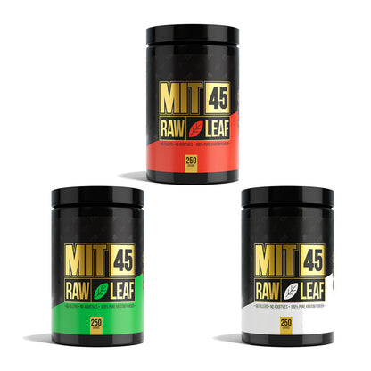 MIT45 Raw Leaf Kratom Powder (2500mg 250g Jar) | Group Photo with Packaging