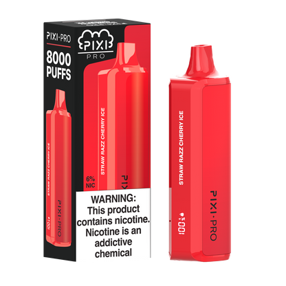 Pixi Pro Disposable | 8000 puffs | 14mL | 60Mg | MOQ 10pc | Straw Razz Cherry Ice with packaging