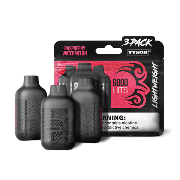 Tyson 2.0 Lightweight Disposable | 6000 Puffs | 50mg | (12mL 3-Pack) | MOQ 10 | Raspberry Watermelon with packaging 